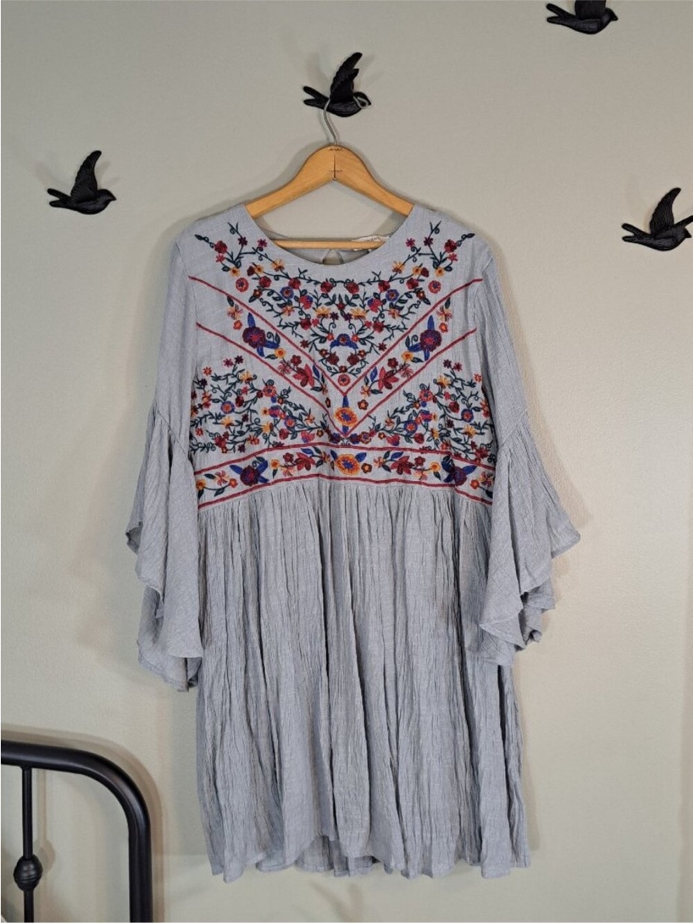 Umgee Light Gray Embroidered Boho Mini Dress
